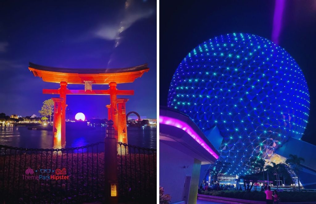 Epcot Food and Wine Festival Spaceship Earth view at night from Japan. Keep reading to get the top 10 best shows at Disney World.