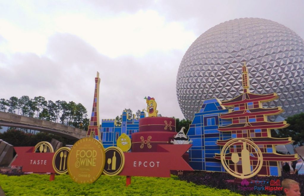 Epcot Food and Wine Festival entrance with Spaceship Earth