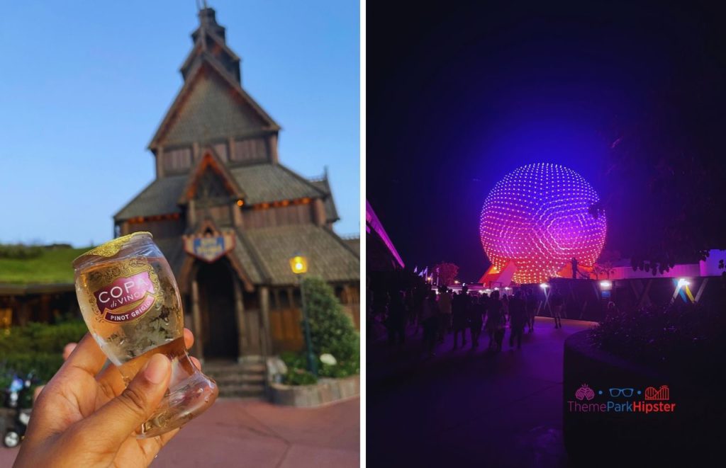 2024 Epcot Food and Wine Festival wine in Norway Pavilion next to Spaceship Earth at Night