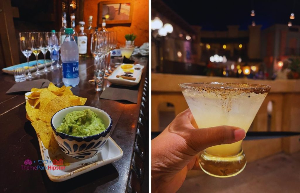 Epcot La Cava del Tequila Mexico Pavilion margarita and guacamole. One of the best snacks at EPCOT.