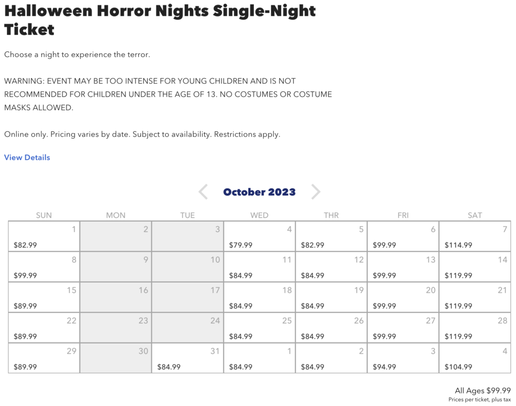 2023 Halloween Horror Nights Ticket Prices