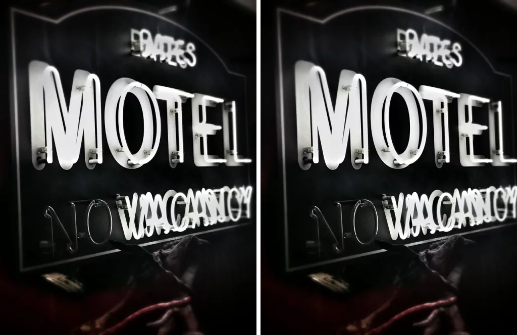 Bates Motel Sign in Black keep reading to get more history and secrets on Halloween Horror Nights.