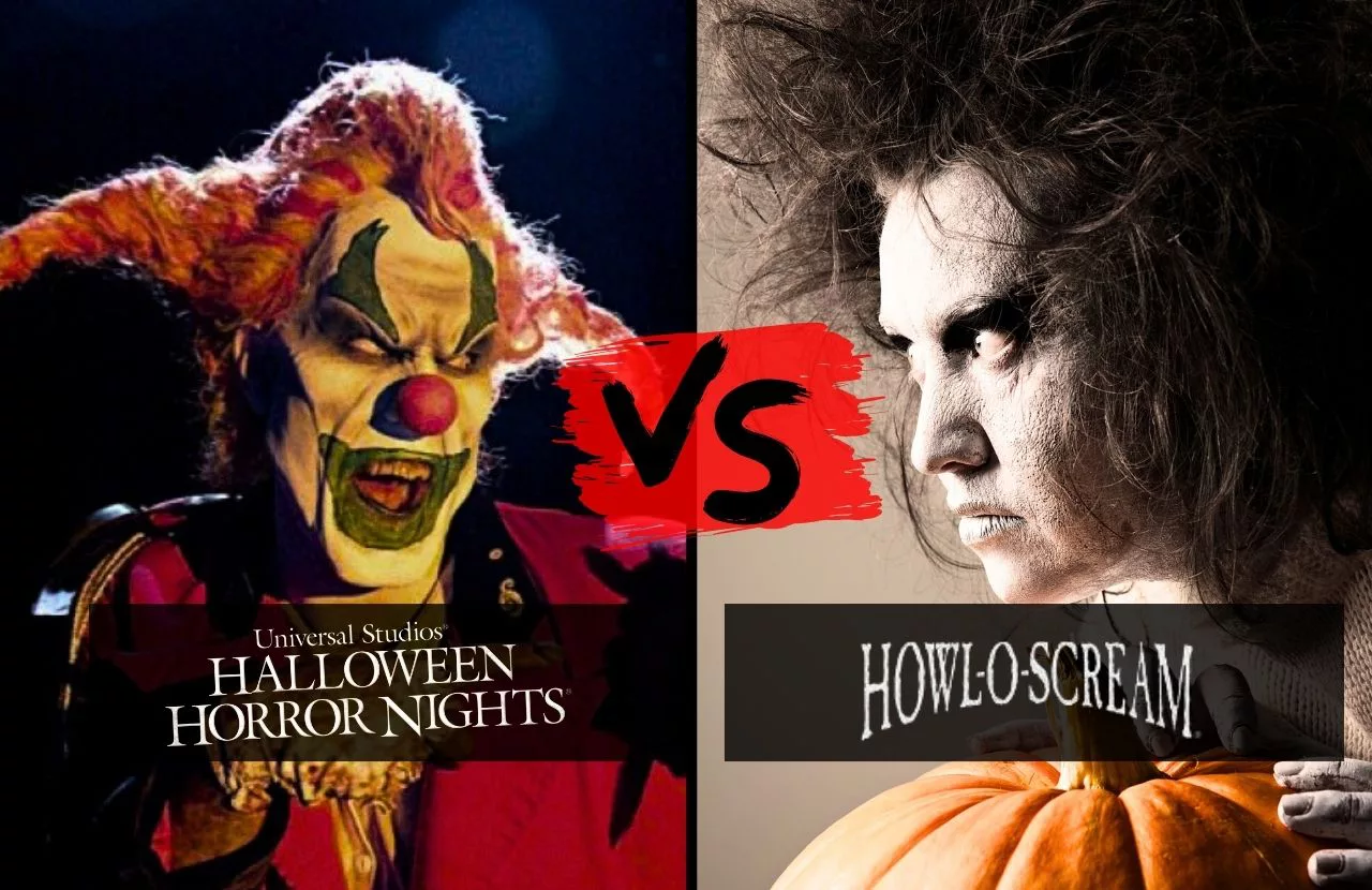 Busch Gardens Howl O Scream versus Halloween Horror Nights. Which is Better_ Jack the Clown on Left Side and Evil Lady on Right Side