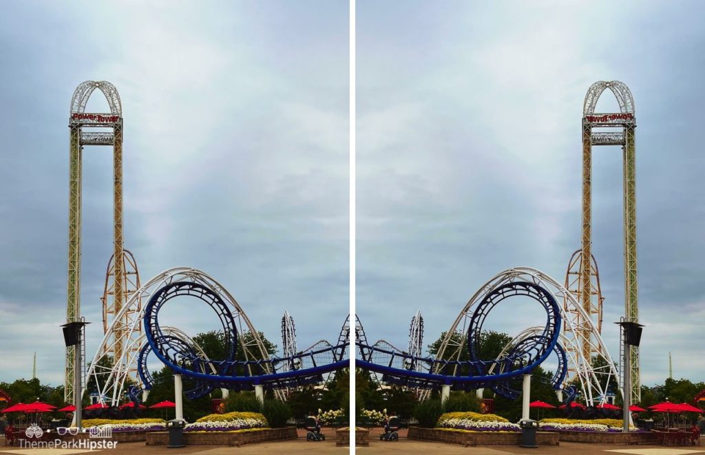 Double photo of Cedar Point Corkscrew blue roller coaster and drop tower. Keep reading to find out more of the best things to do at Cedar Point. 