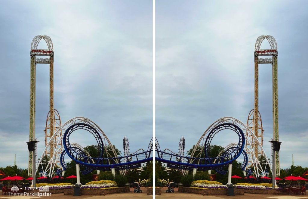 Double photo of Cedar Point Corkscrew blue roller coaster and drop tower. Keep reading to find out more of the best things to do at Cedar Point. 