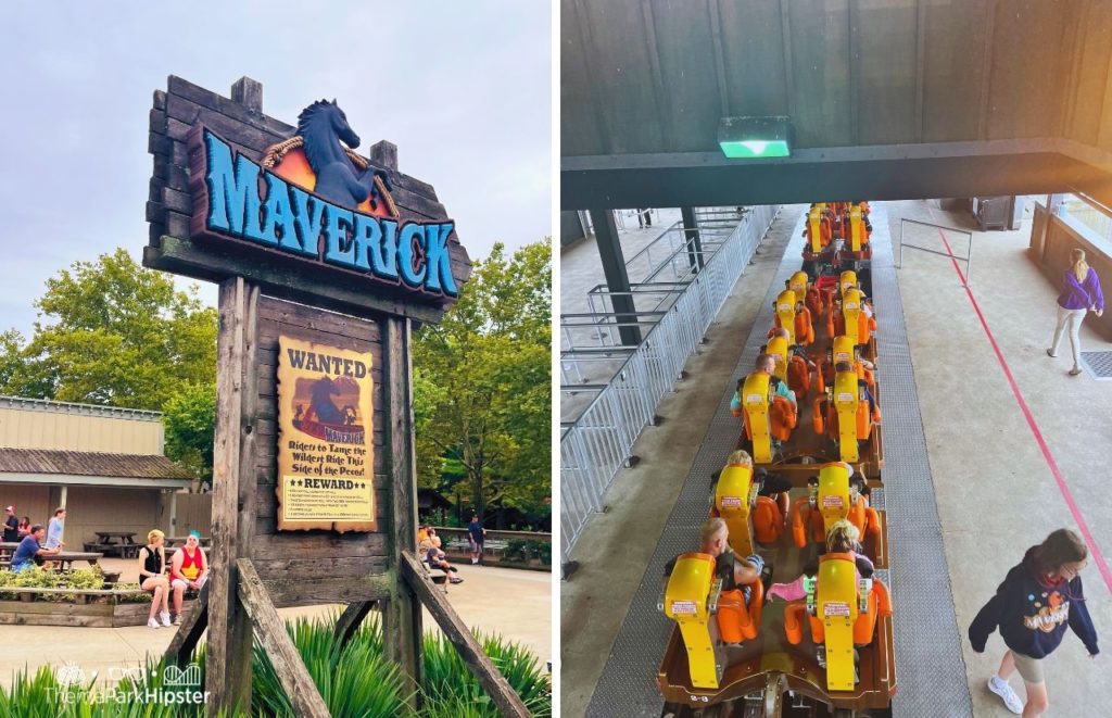 Aerial shot of the Maverick Roller Coaster Train loading platform with guests waiting to launch. Keep reading if you want to learn more about the history, theme, ride stats and fun facts about the Maverick at Cedar Point!