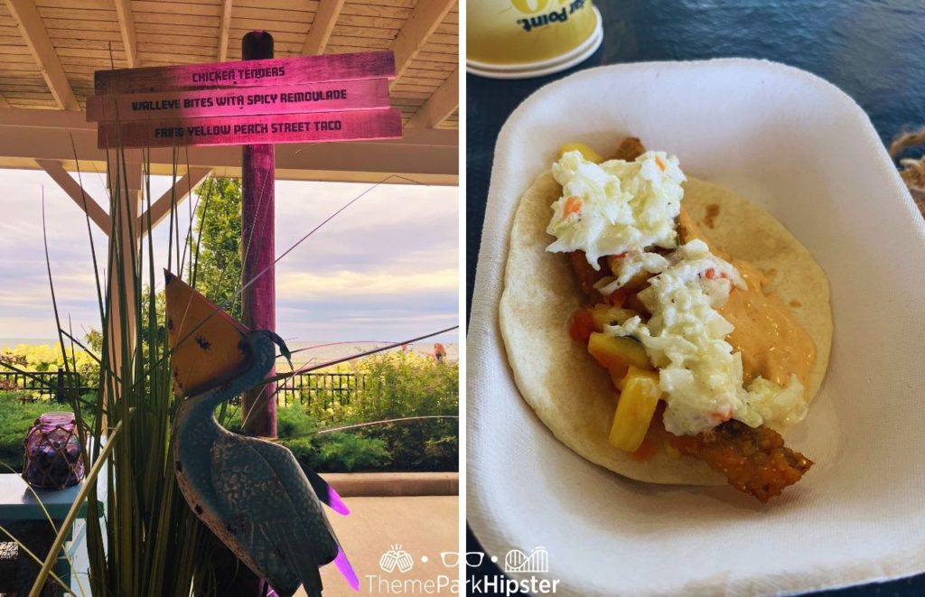 Cedar Point Nights Beach Party and Lake Erie Luau Fried Fish on Pita bread topped with cole slaw