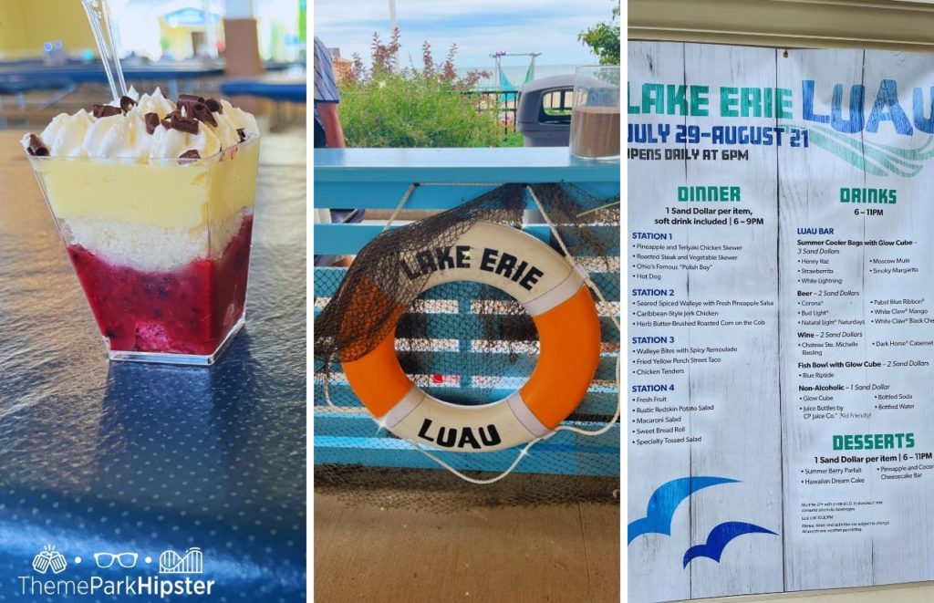 Cedar Point Nights Beach Party and Lake Erie Luau berry parfait next to entrance and menu