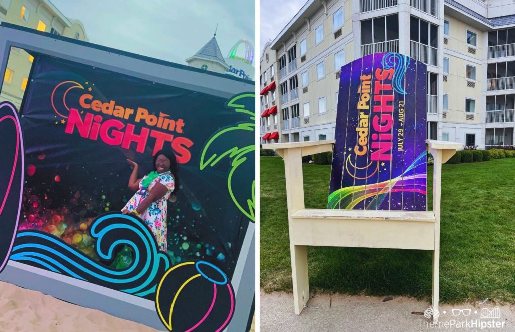 Cedar Point Nights with Victoria Wade in front of Hotel Breakers. Keep reading to get the full guide on the Cedar Point Season Pass Benefits and Cost.