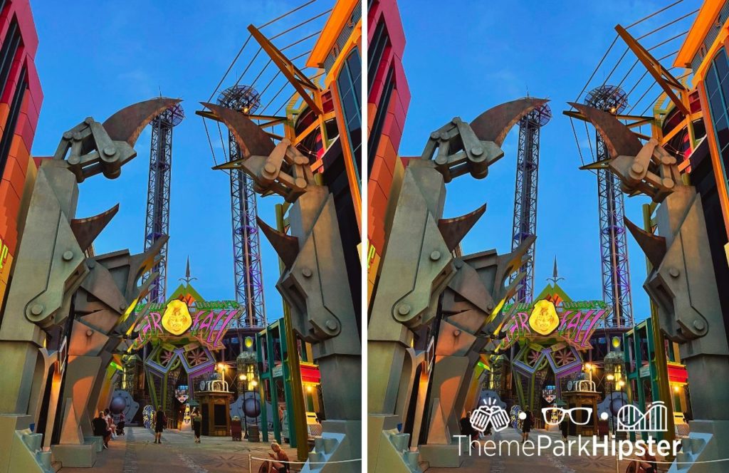 Doctor Doom Fearfall Universal Orlando Resort Islands of Adventure entrance with larger than life mechanical pieces and brightly colored sign. Keep reading to discover more about Universal Orlando Single Rider Lines. 