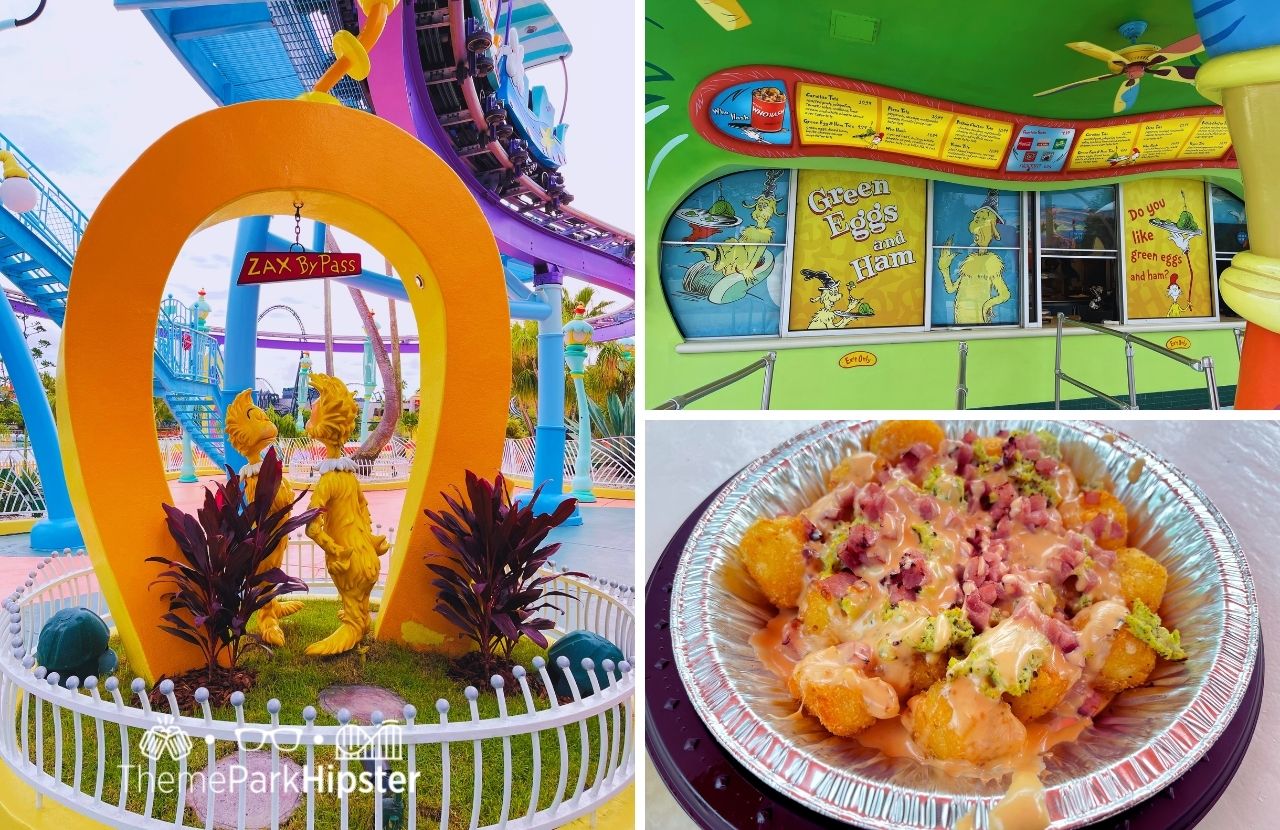 Green Eggs and Ham Stand Menu and Tots in Seuss Landing Universal Orlando Resort Islands of Adventure. Keep reading to learn how to plan a day at Universal with this Islands of Adventure 1 day itinerary!