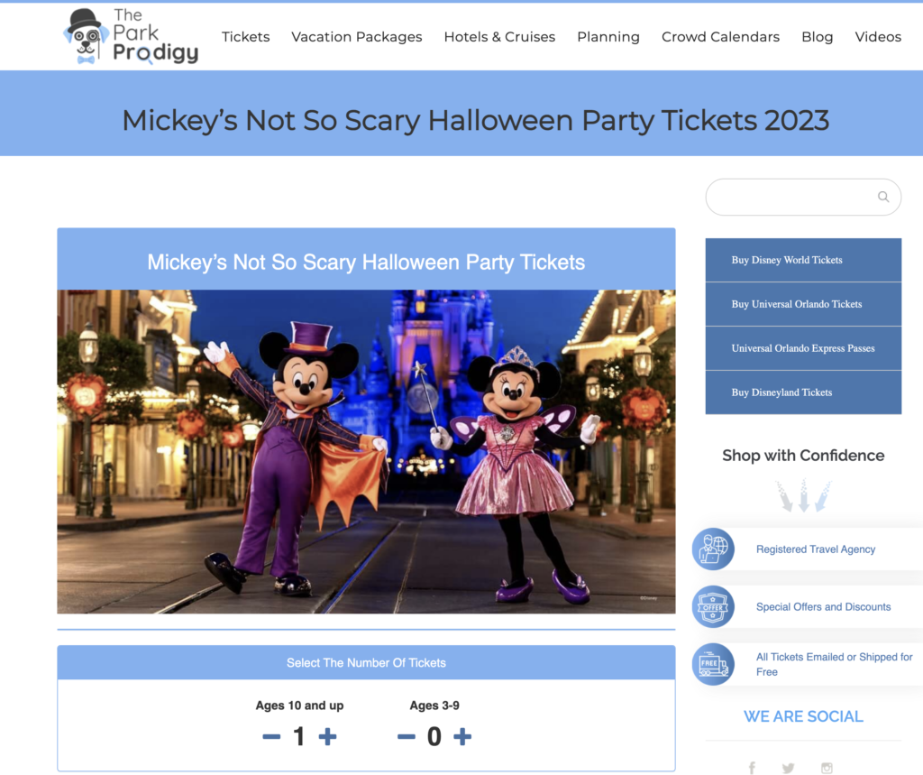 Mickey's Not So Scary Halloween Party Tickets with the Park Prodigy
