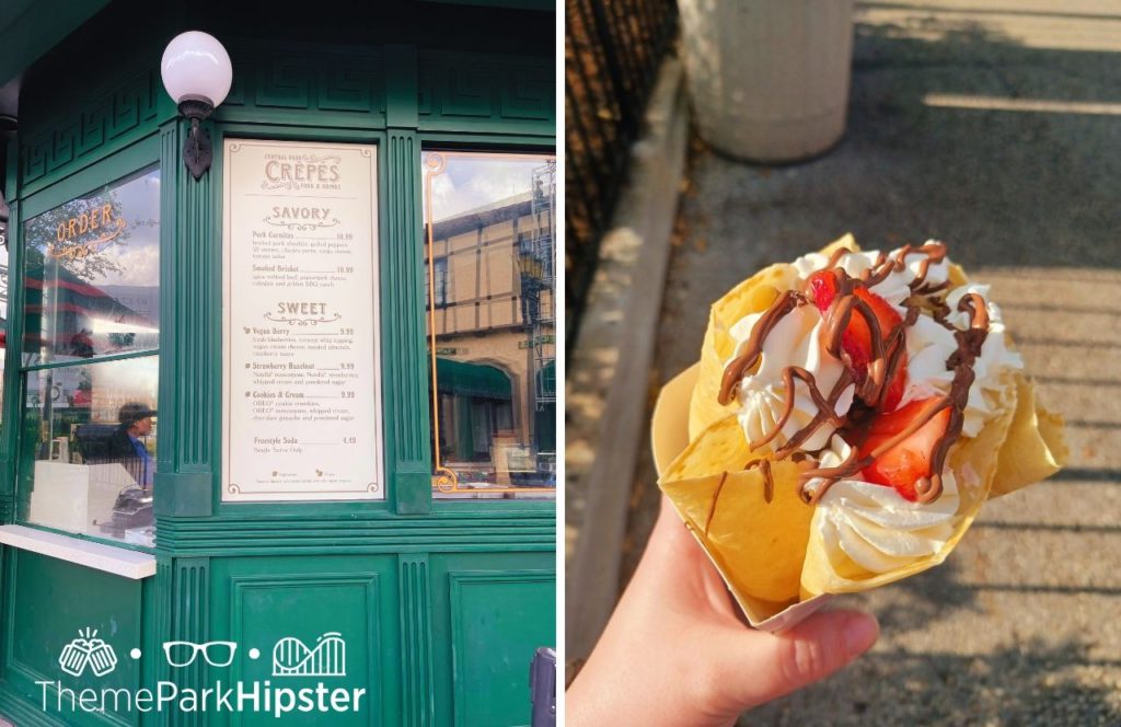Exterior of Central Park Crepe at Universal Orlando Resort and an overhead view of the Strawberry Hazelnut Crepe with whipped cream, strawberries, and chocolate sauce at Universal Studios Florida. Keep reading to find out what are the best Universal Orlando Snacks under $10.
