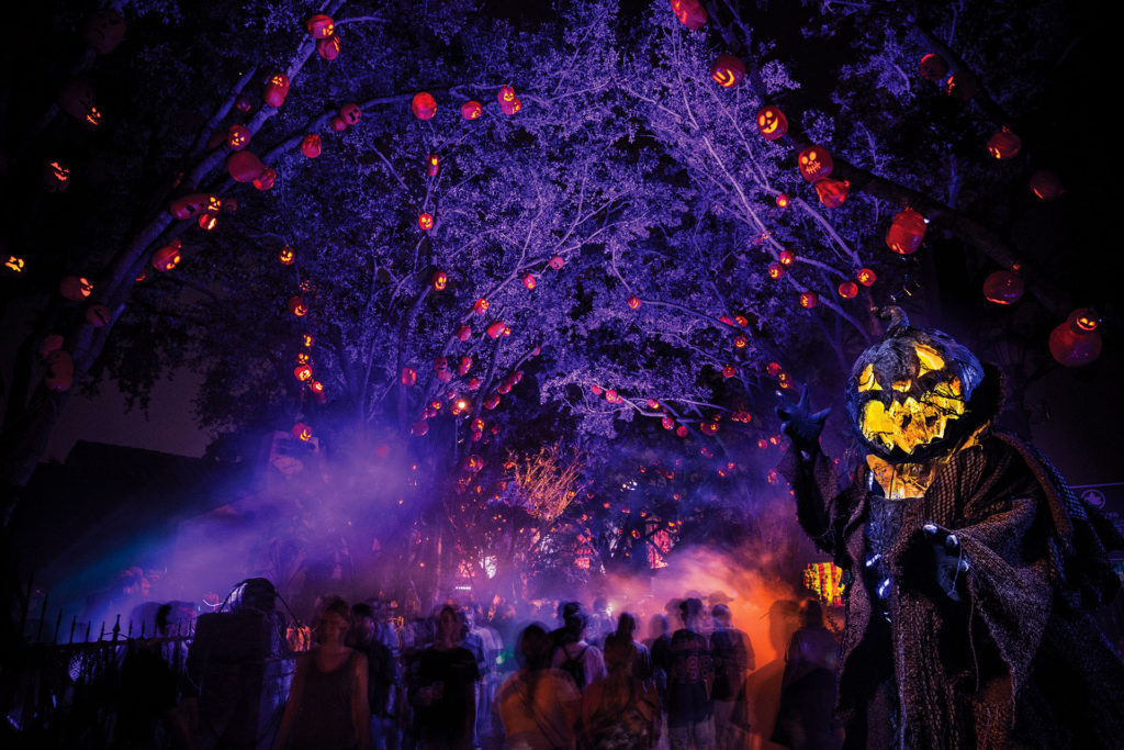 Pumpkins in a dark alley at Universal Orlando's Halloween Horror Nights 2022. Keep reading to find out if the Halloween Horror Nights Express Pass is worth it.