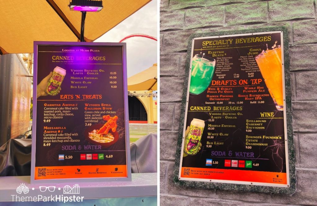 Food Menu Ghoul Juice Cocktail Arepas and Stew HHN 32 Halloween Horror Nights 2023 Universal Orlando