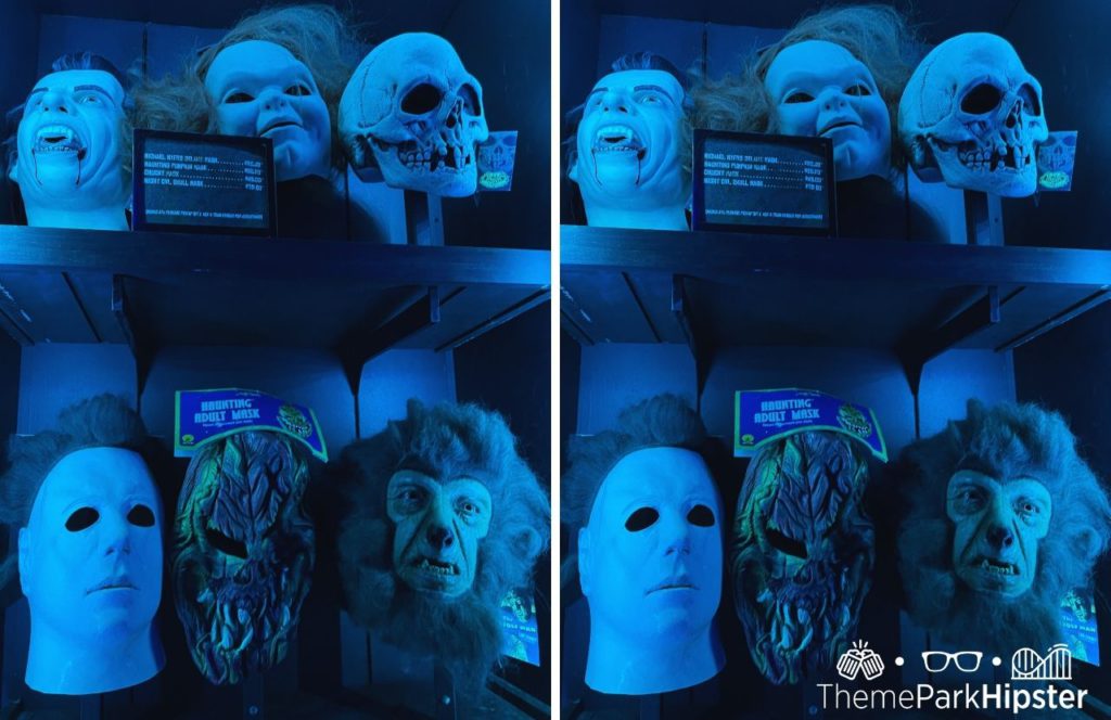 Halloween Masks from iconic movies from the Halloween films, Chucky, and others the in Tribute Store from  Halloween Horror Nights 2022 in Universal Orlando. Keep reading to learn more about Halloween at Universal.