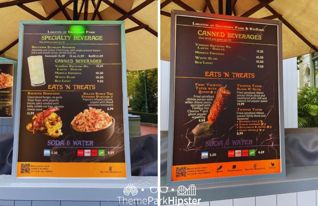 Popcorn and twisted tater with queso food at HHN 31 Halloween Horror Nights 2022 Universal Orlando. Keep reading to learn about the best Universal Studios Halloween Horror Nights food and drink that you must try!