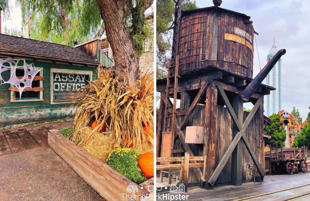 Assay Office next to Ghost Town the Tower and Log Flume Ride Knott's Berry Farm at Halloween Knott's Scary Farm. Keep reading to learn about Knott's Berry Farm Halloween.