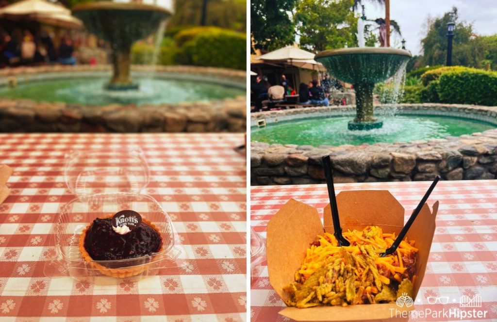 Boysenberry Pie next to chili cheese dish Knott's Berry Farm at Halloween Knott's Scary Farm