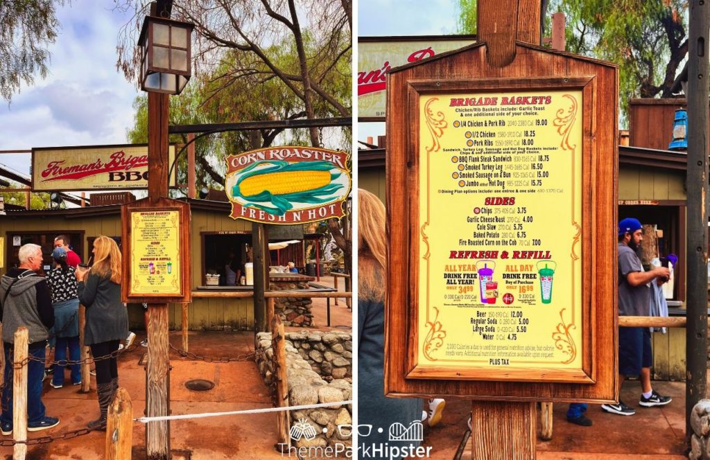 Corn Roaster and Brigade Baskets Menu for food at Knott's Berry Farm at Halloween Knott's Scary Farm