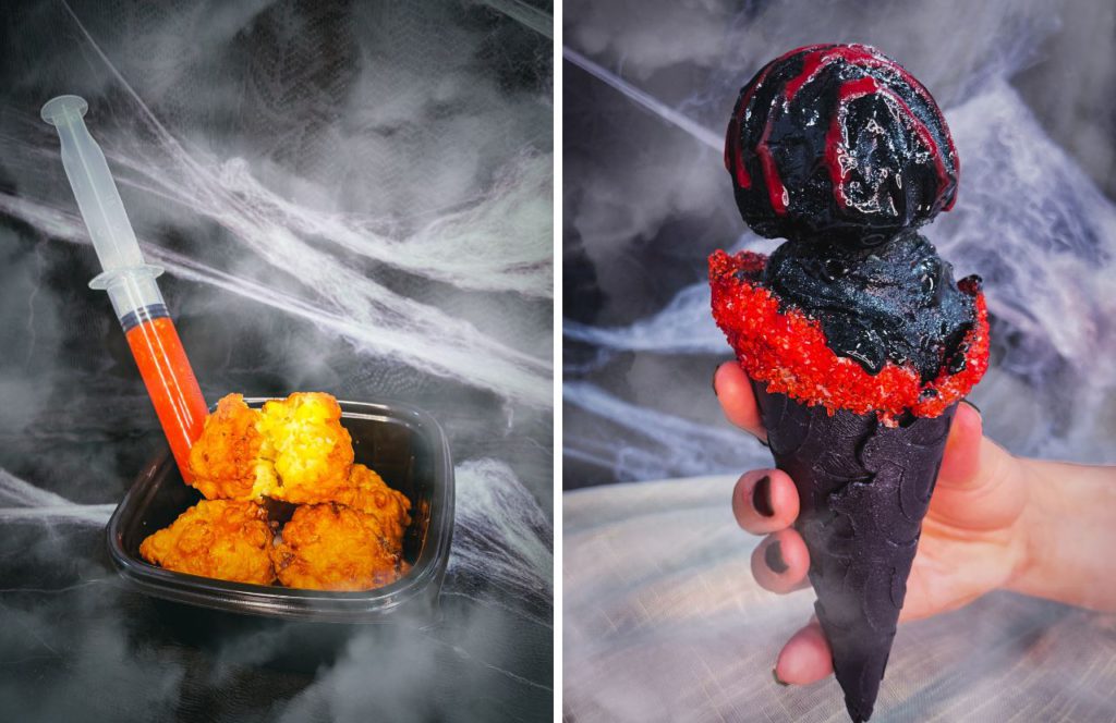 Crab Meat Critter (left) and Dark Moon Orange Sorbet (right) Halloween at Hersheypark Dark Nights Food