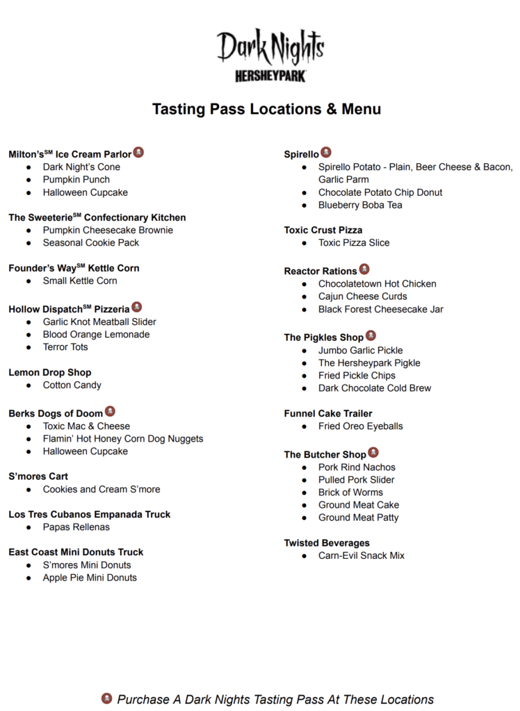 Dark Nights Hersheypark Tasting Pass and Halloween Food Menu 2023