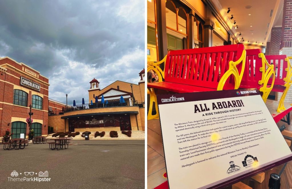 Dedication to the Train and Entrance to Chocolate Town and Hersheypark Chocolatier Restaraunt in Hershey, Pennsylvania. Keep reading to get the full Hersheypark list of rides and attractions.