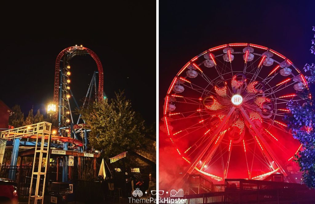 Fahrenheit Roller Coaster next to Ferris Wheel during Halloween at Hersheypark Dark Nights. Keep reading to learn about Halloween at Hersheypark in Hershey, Pennsylvania!