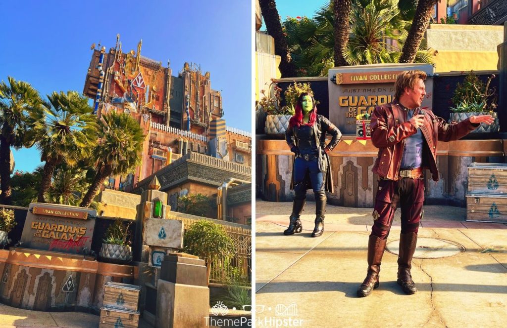 Guardians of the Galaxy Cosmic Rewind with characters standing in front of the sign at in Avenger's Campus at Disneyland and Disney California Adventure. Keep reading to learn more about best food at Disneyland.