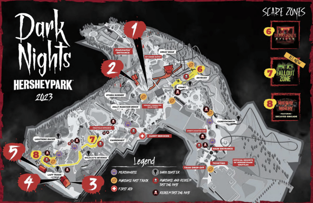 Hersheypark Dark Nights 2023 Map with Houses and Scare Zones