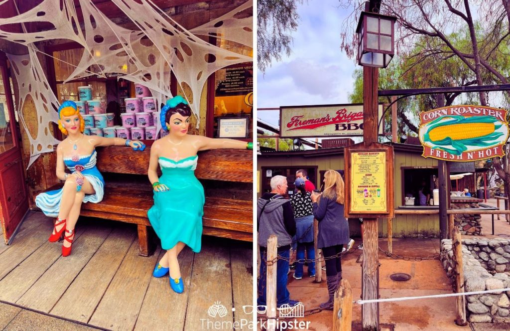 Ladies sitting on a bench next to Freman's Brigade BBQ Knott's Berry Farm at Halloween Knott's Scary Farm