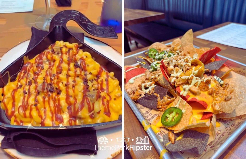 Loaded Nachos and Mac and Cheese with Cavatappi pasta covered in cheddar queso, pulled short rib, Hershey's chocolate BBQ sauce and Cacao nib gremolata at Hersheypark Chocolatier Restaurant. Keep reading to get the best Hersheypark food and the best things to eat.