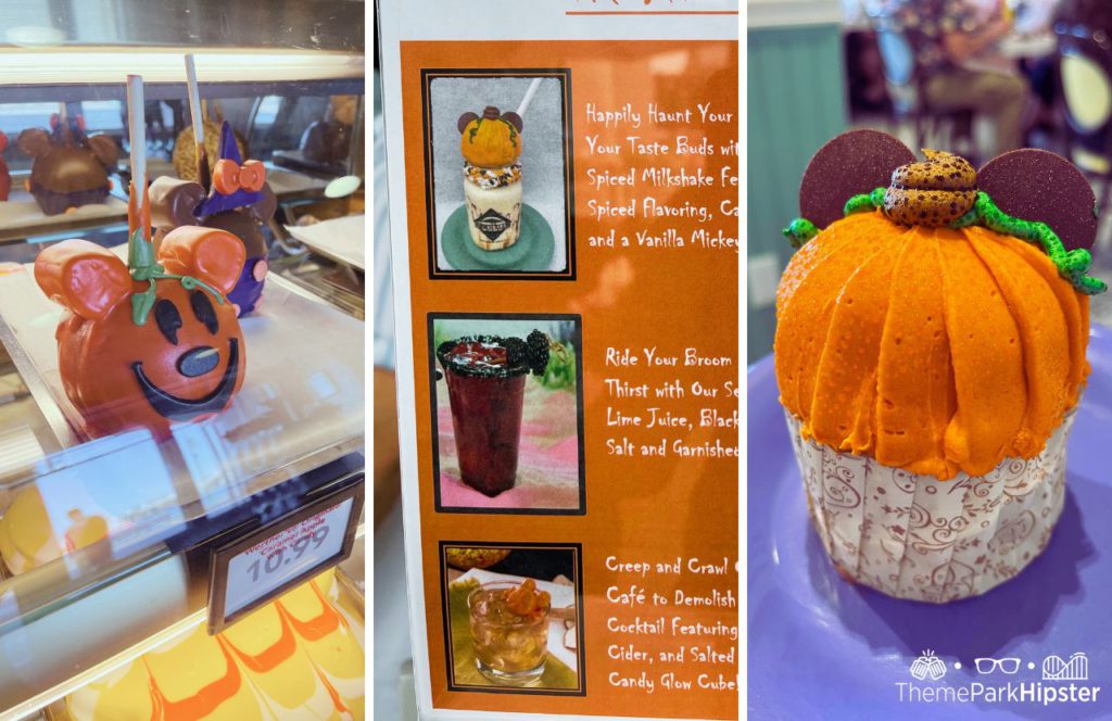 Mickey Mouse Pumpkin Candy Apple and Cupcake and Drink Dessert Milkshake Things to Do at Disney World for Halloween. Keep reading for more Halloween at Disney things to do and events with fall decor.