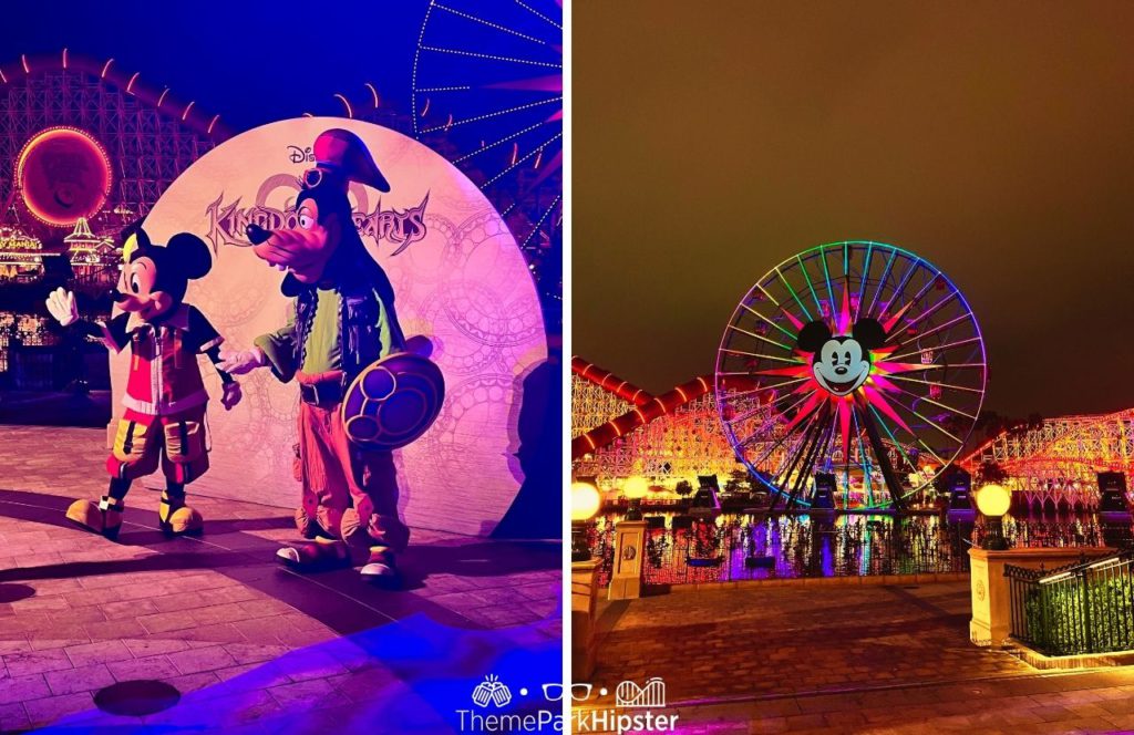 Mickey Mouse and Goofy from Kingdom Hearts next to Ferris Wheel in Pixar Pier Halloween at Disneyland and Disney California Adventure Oogie Boogie Bash Party Food, Tips, Dates and more Disney Halloween Guide.