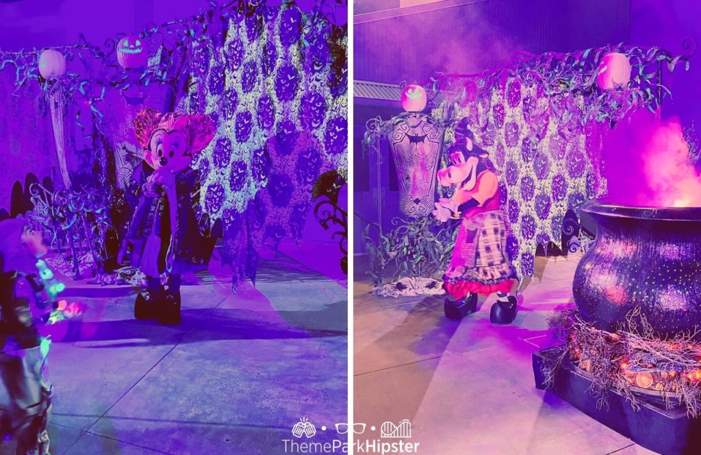 Minnie Mouse and Marabel at the Sanderson Sisters from Hocus Pocus Halloween at Disneyland and Disney California Adventure Oogie Boogie Bash Party Food, Tips, Dates and more Disney Halloween Guide.