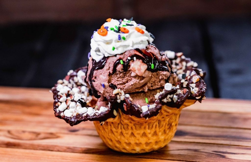Rocky Road Halloween Sundae Gibson Girl Ice Cream Parlor Halloween at Disneyland and Disney California Adventure Oogie Boogie Bash Party Food, Tips, Dates and more Disney Halloween Guide.