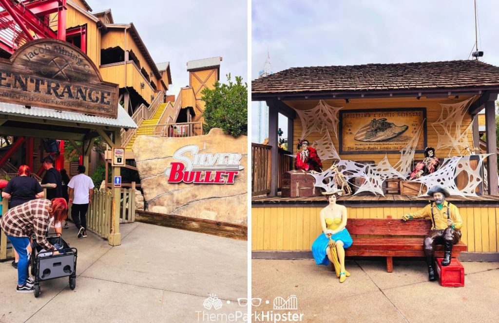 Silver Bullet Roller Coaster Ride Entrance Knott's Berry Farm at Halloween Knott's Scary Farm. Keep reading to learn about Knott's Berry Farm Halloween.