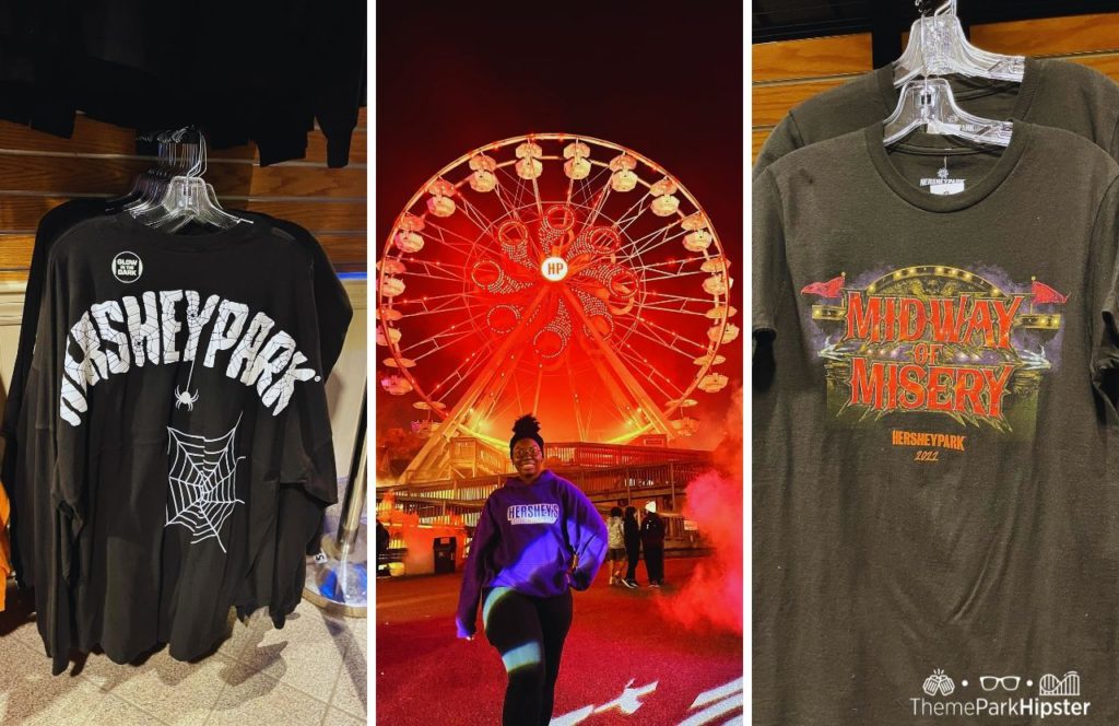 Victoria Wade in front of Ferris Wheel and Halloween Shirts Midway of Misery Hersheypark Dark Nights 2023. Keep reading to learn about Halloween at Hersheypark in Hershey, Pennsylvania!