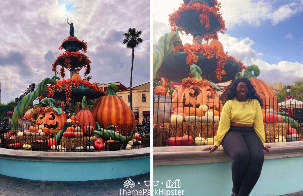 Victoria Wade in front of Pumpkins at Knott's Berry Farm and a photo of pumpkins on display at Halloween Knott's Scary Farm. Keep reading to find out more about Knott’s Scary Farm mazes.