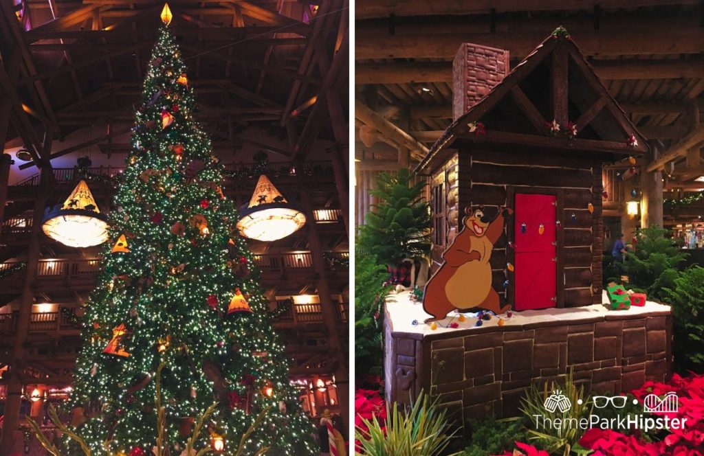Disney Wilderness Lodge at Christmas with Large Christmas Tree and Gingerbread house cabin. One of the best things to Do at Disney World for Christmas