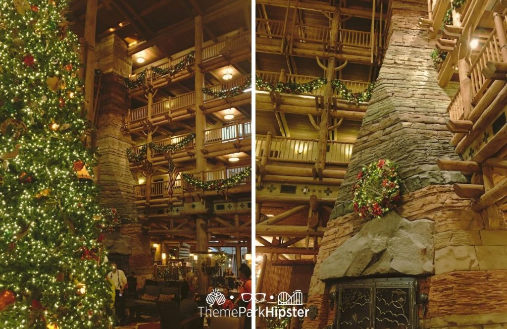 Disney Wilderness Lodge at Christmas with Large Christmas Tree and fireplace in the Lobby. One of the best things to Do at Disney World for Christmas. Keep reading to learn about the best Disney Christmas trees!