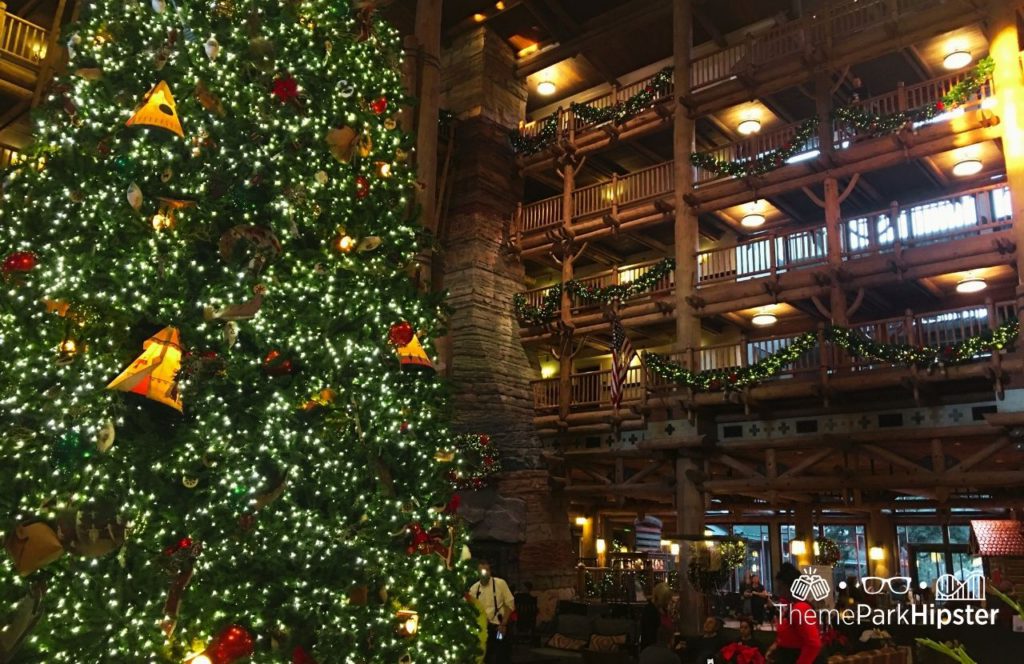 Disney Wilderness Lodge at Christmas with Large Christmas Tree in the Lobby. One of the best things to Do at Disney World for Christmas