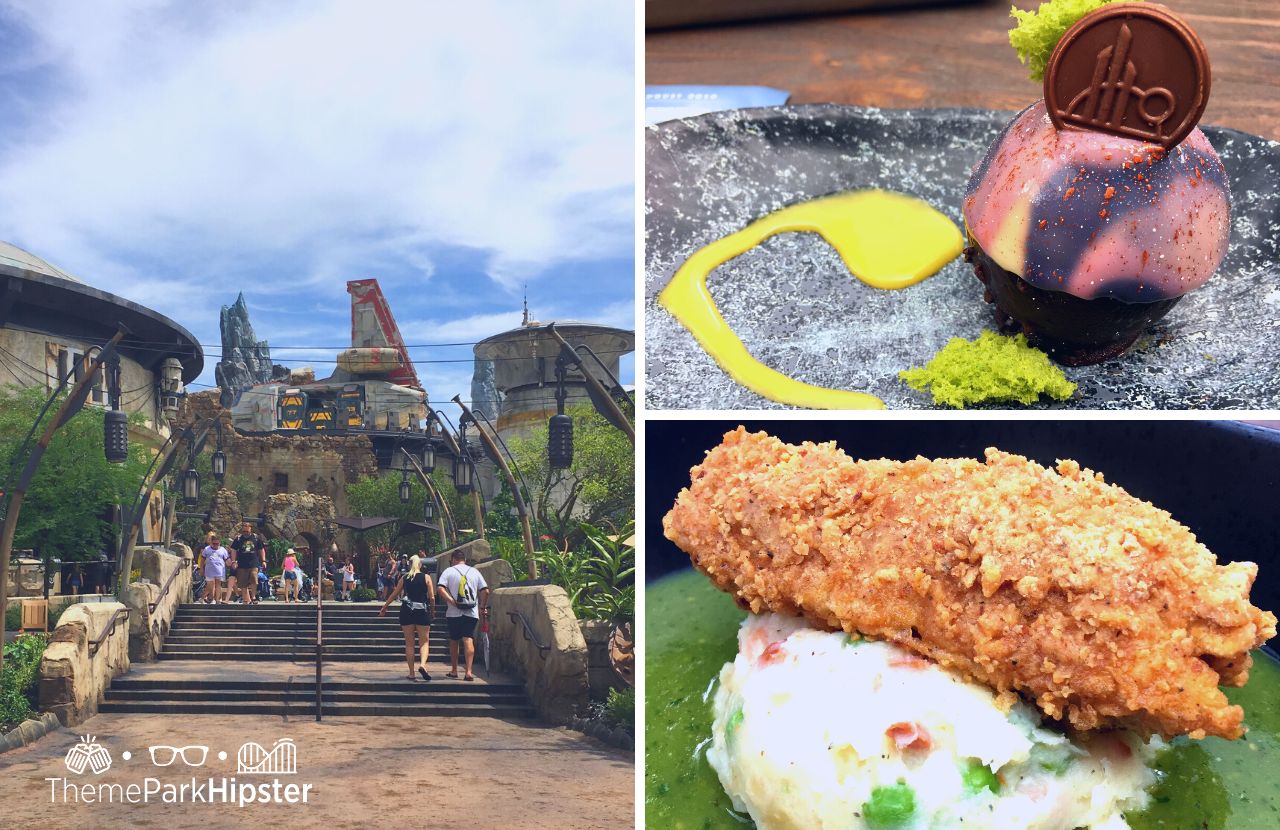 Featured Image Docking Bay 7 Restaurant in Star Wars Land at Disney's Hollywood Studios. Fried Chicken Tip Yip and Chocolate Cake. Some of the best food at Disney.