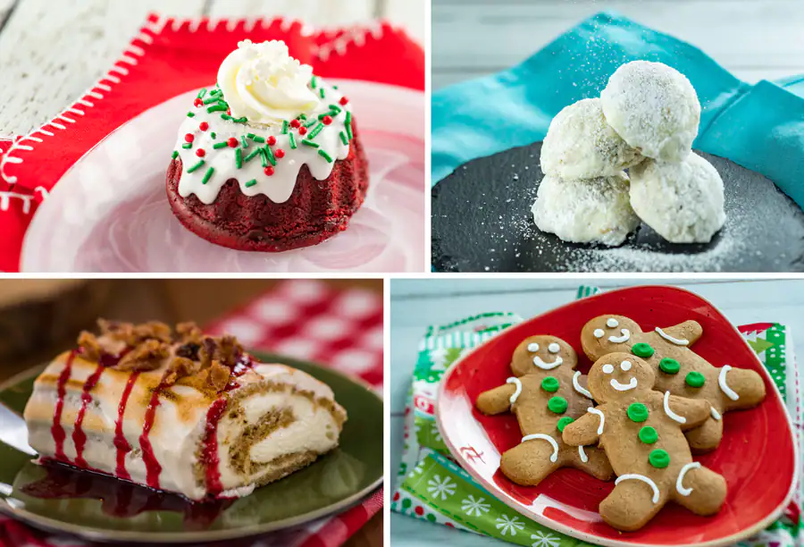 Holiday Hearth Desserts at Epcot Festival of Holidays Red Velvet Bundt Cake, Snowball Cookies, Maple Buche de Noel and Gingerbread Cookie. Keep reading to get the best Disney Christmas treats and desserts on this foodie guide.