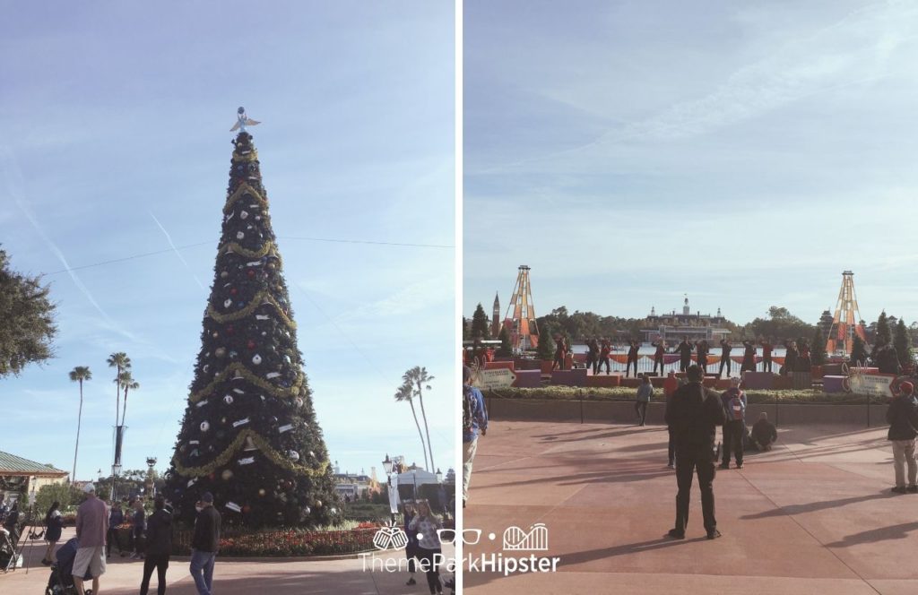 Large Christmas Tree at Epcot next to Joyful singing. One of the best things to Do at Disney World for Christmas