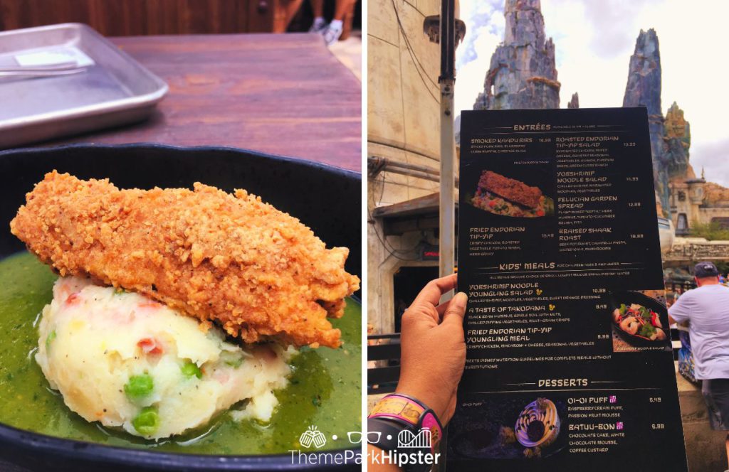 Tip Yip Mashed Potatoes and Fried Chicken with Menu at Docking Bay 7 Food and Cargo Restaurant in Star Wars Land at Disney's Hollywood Studios. One of the BEST Things to Eat at Docking Bay 7 in Disney.