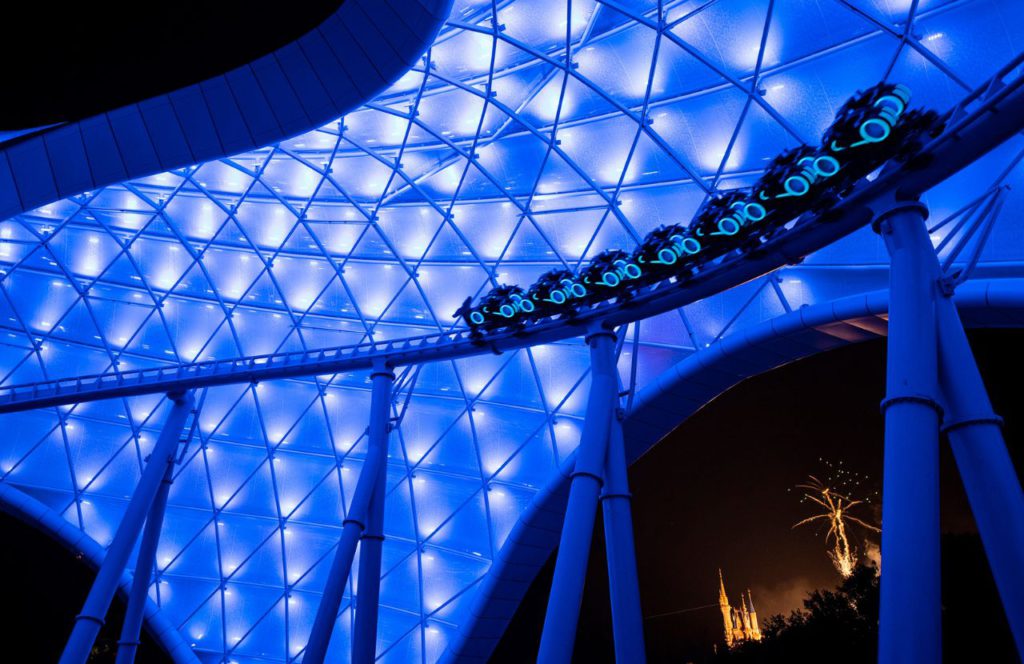 Tron Lightcycle Run Roller Coaster at Disney Magic Kingdom at Night