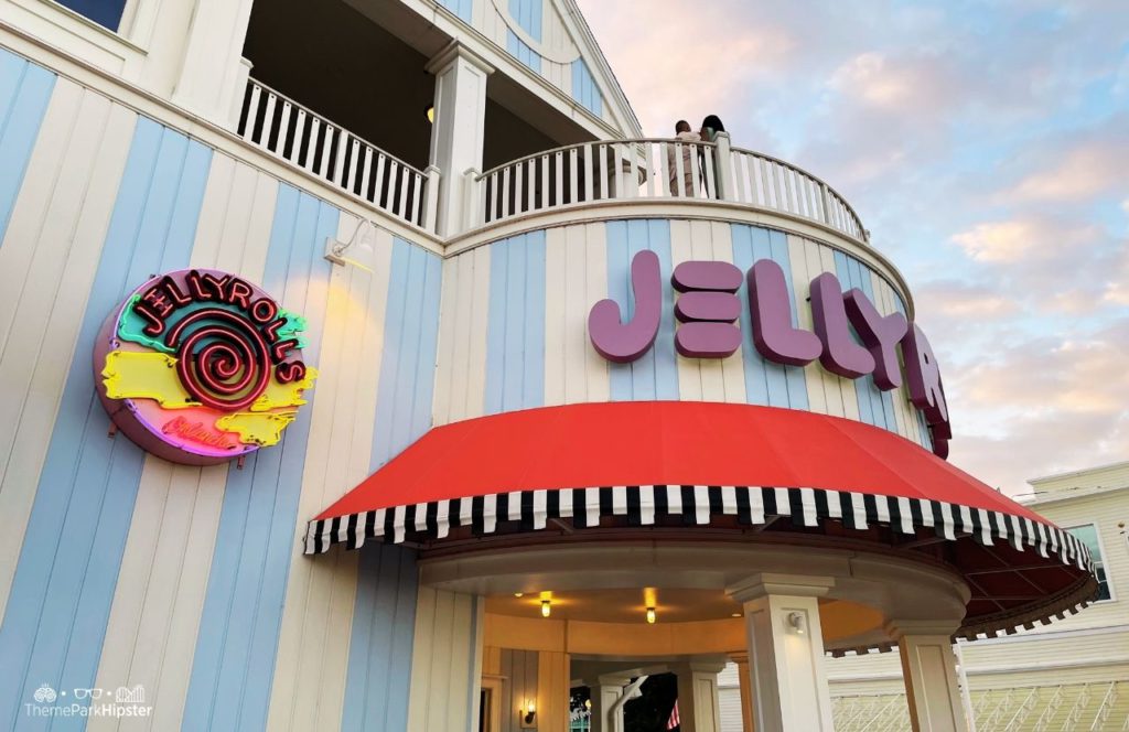 Jellyrolls colourful sign on the Disney Boardwalk Inn and Villas. Keep reading to discover the most romantic things to do at Disney World for couples. 