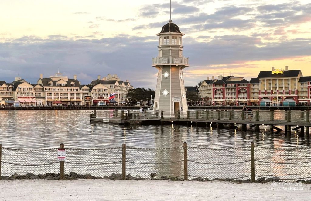 Christmas at Disney Boardwalk Inn and Villas over Crescent Lake. One of the best Disney World date night ideas for couples.