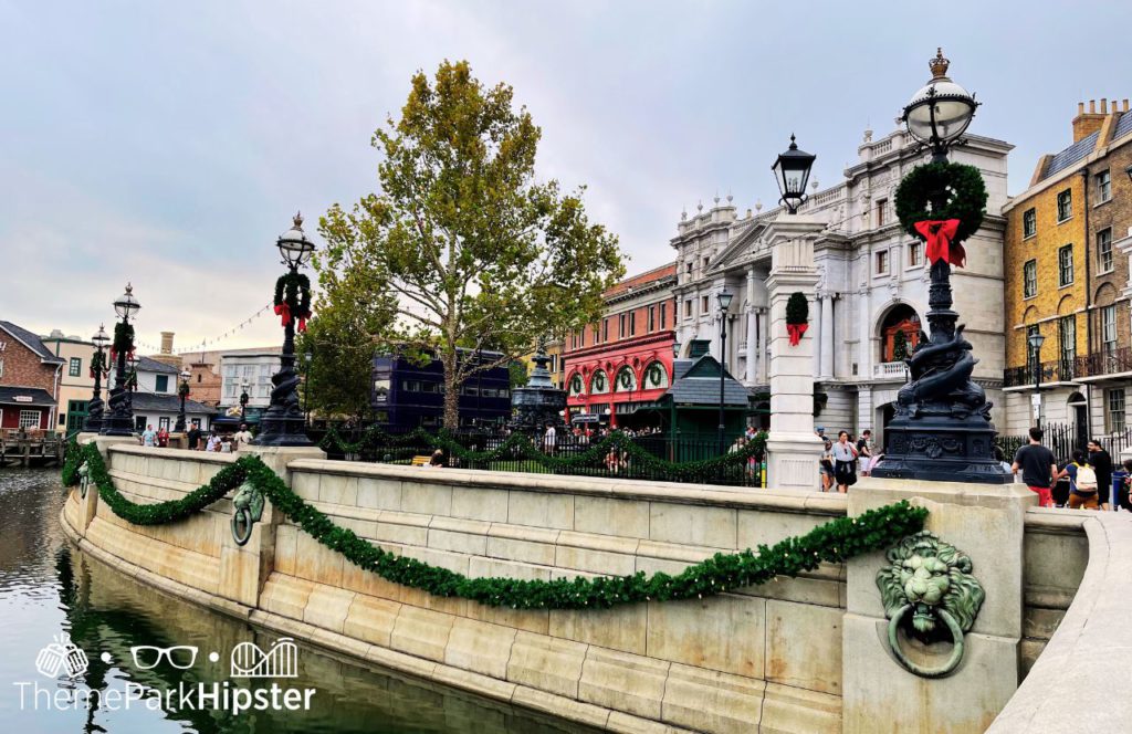 Decor in Diagon Alley for Christmas at Wizarding World of Harry Potter London Water front Universal Studios Lagoon. Keep reading to get the best Harry Potter secrets at Universal Studios.